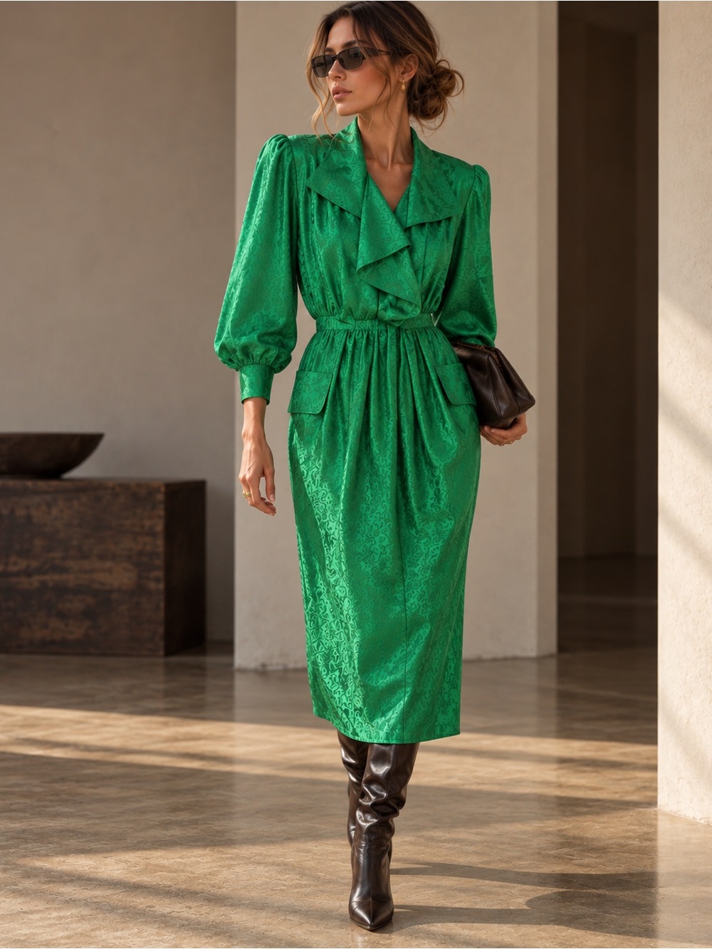 Vintage Emerald Green Silk Jacquard Paisley Dress 80s Statement